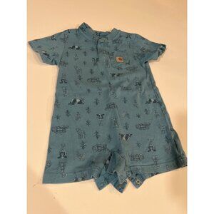 Carhartt Infant Farm Print Romper 18M Blue Short Sleeve Cotton Snaps